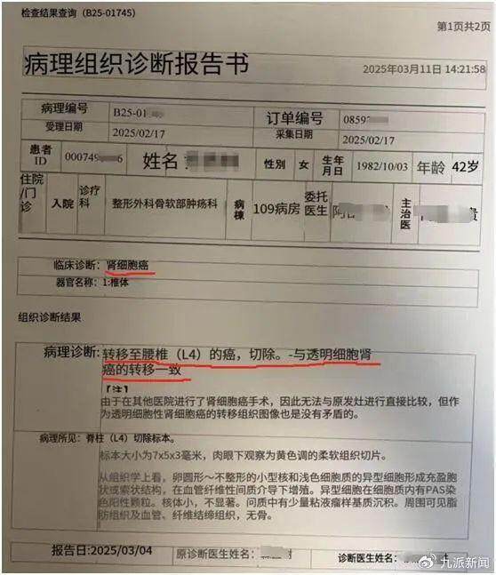 国外医院诊断书（翻译版）证明肾癌骨转移（当事人供图）