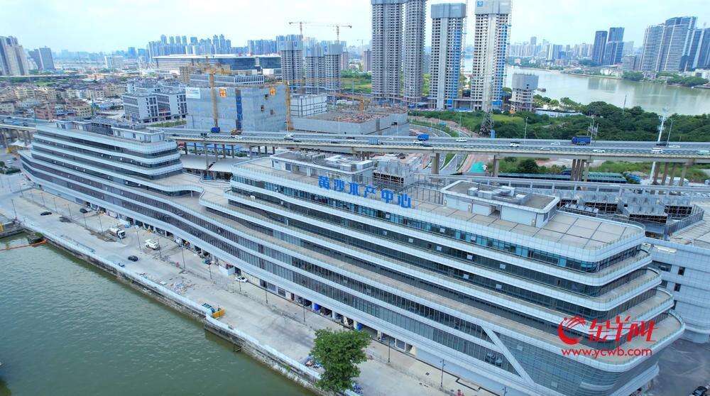 高空俯瞰，位于东洛围码头广州黄沙水产中心十分靓丽，如一艘停靠江边的“水产航母”