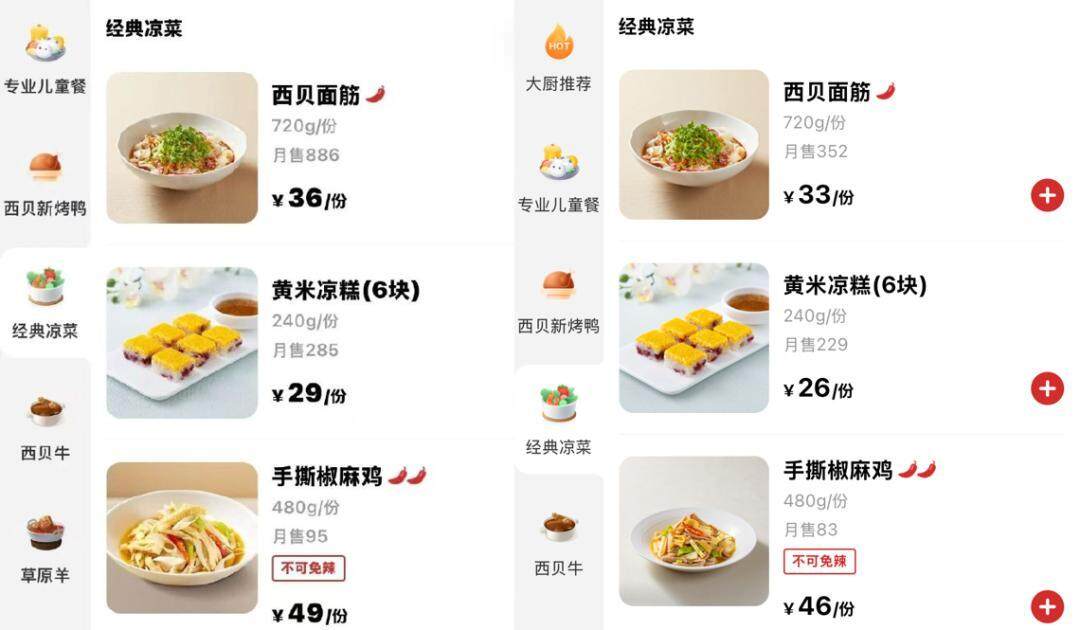 西贝官方小程序菜品价格调改前后对比