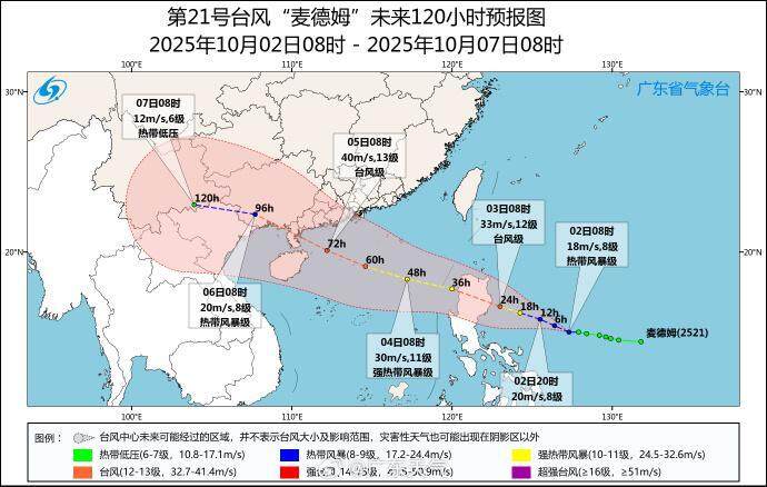 广东省气象台10月2日上午对台风“麦德姆”的路径和强度预报