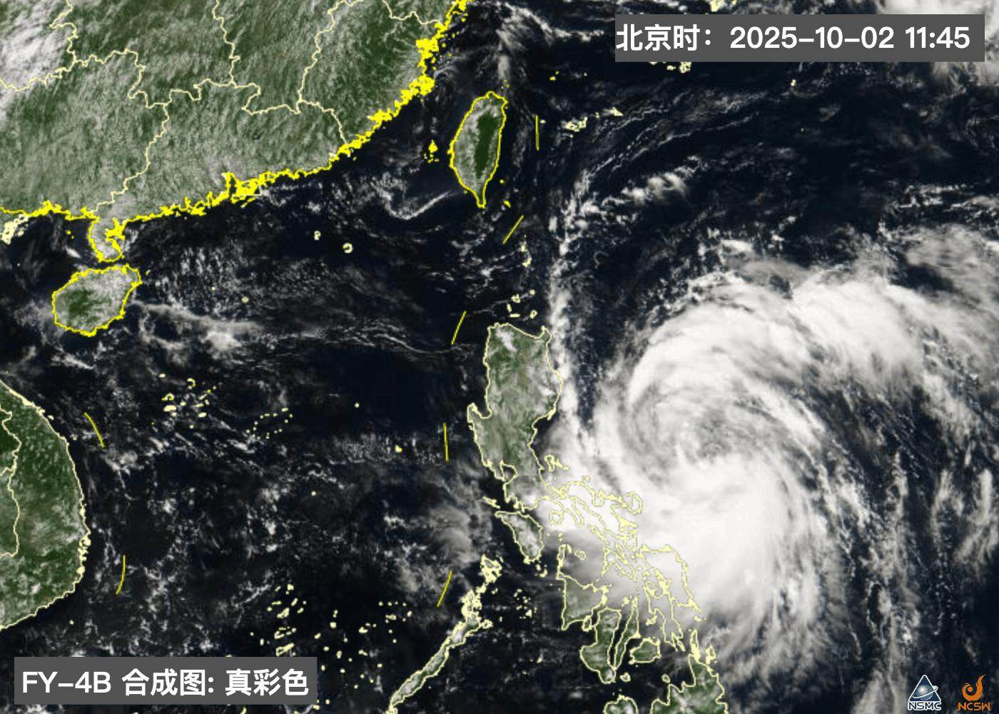 10月2日11时45分，台风“麦德姆”卫星影像 国家卫星气象中心风云四号卫星天气应用平台截图