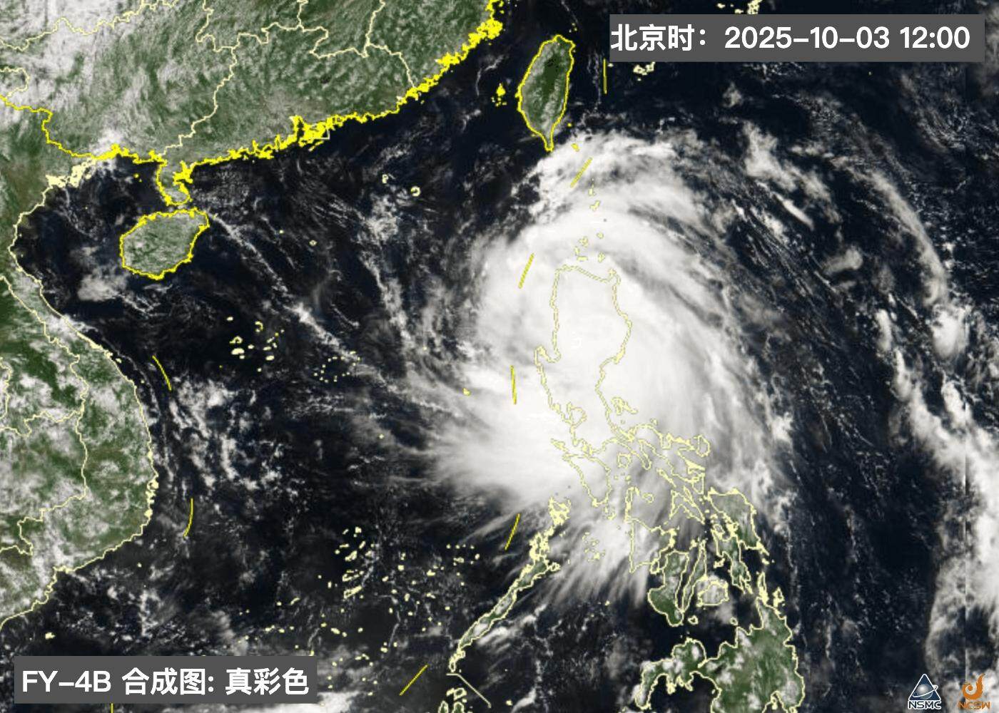 10月3日12时，台风“麦德姆”的卫星影像。国家卫星气象中心风云四号卫星天气应用平台截图