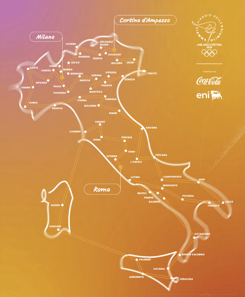 △米兰冬奥会火炬在意大利境内的传递路线图。图源:米兰冬奥组委 △米兰冬奥会火炬在意大利境内的传递路线图。图源:米兰冬奥组委