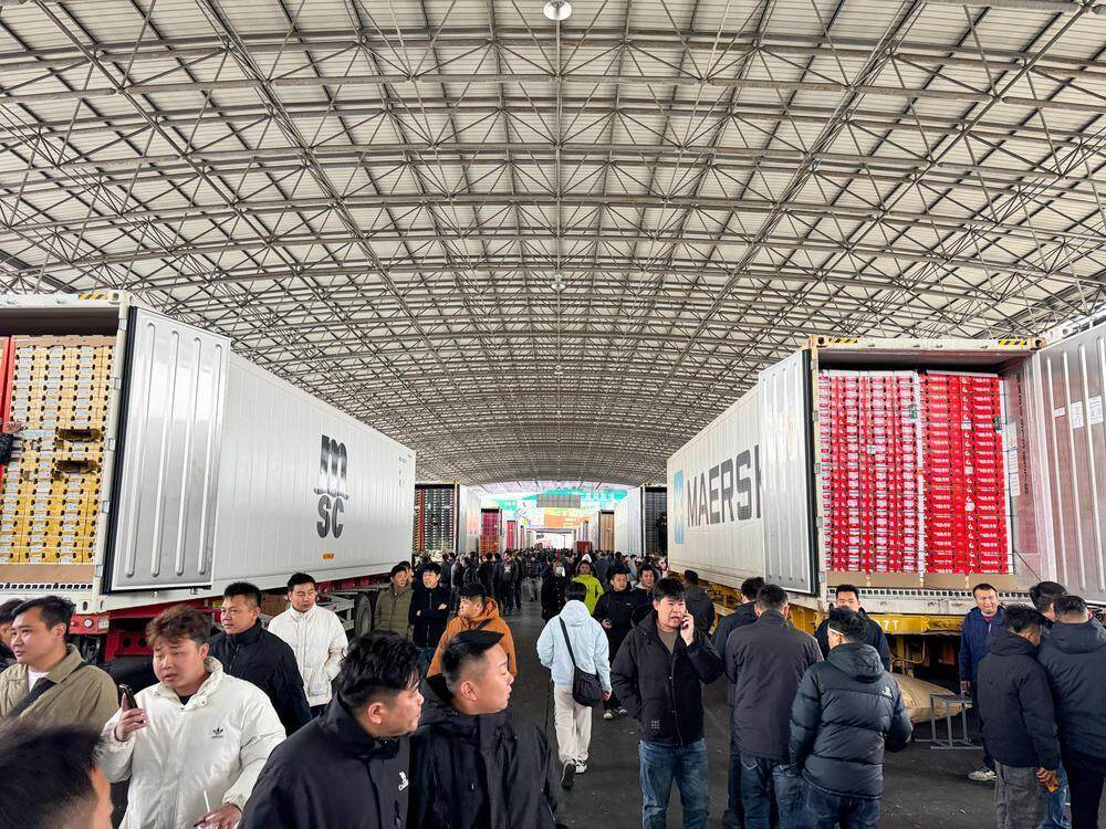 满载智利车厘子的货柜车到达江秾汇市场
