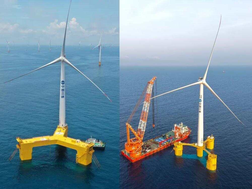 左图为全球首个抗台风型漂浮式海上风电平台 “三峡引领号”；右图为全球单机容量最大16兆瓦漂浮式海上风电平台 “三峡领航号”