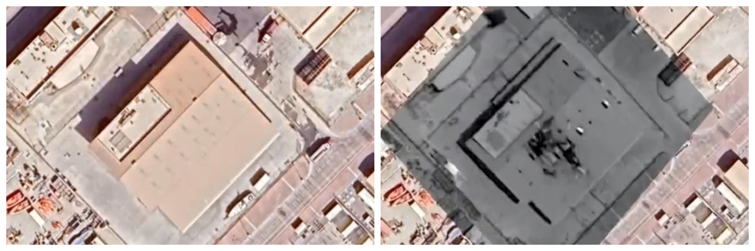 △卫星图像显示位于巴林的美军第五舰队基地无人机指挥中心被摧毁前后画面(资料图) △卫星图像显示位于巴林的美军第五舰队基地无人机指挥中心被摧毁前后画面(资料图)