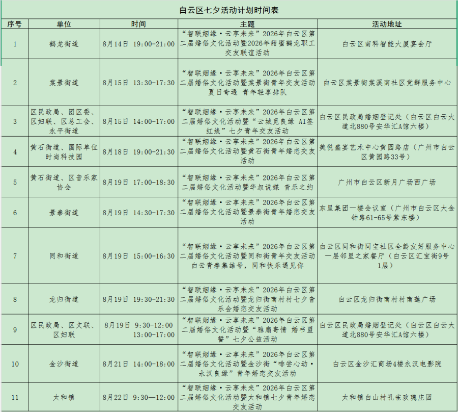 白云区七夕活动时间表 白云区七夕活动时间表